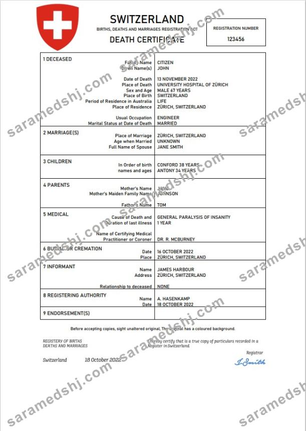 Switzerland vital record death certificate Word and PDF template